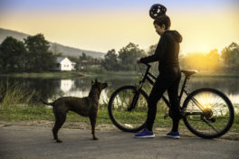 a-dog-looking-at-helmet-of-senior-woman-with-bicycle